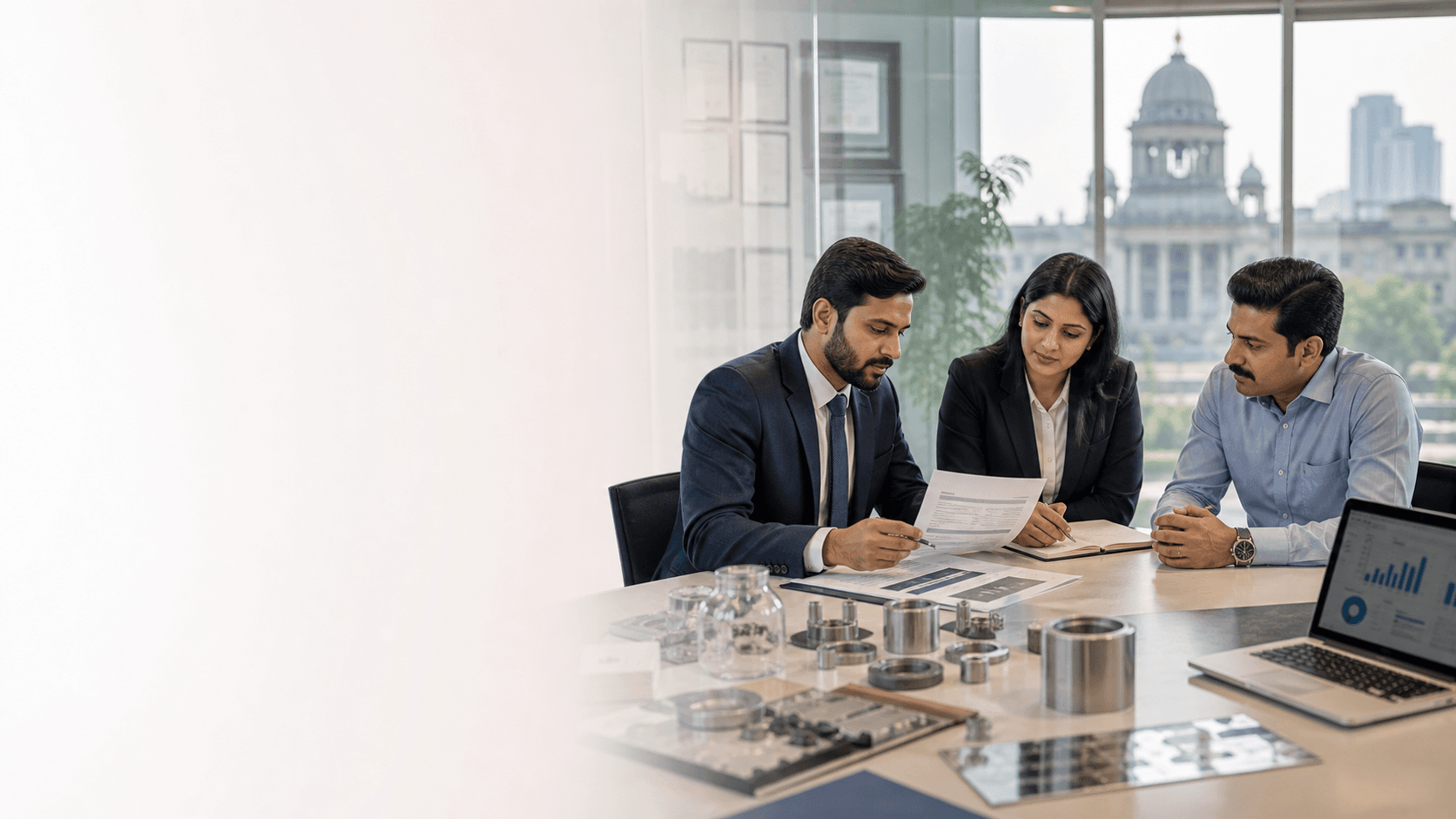 Certification consultants reviewing compliance documents with a manufacturing client
